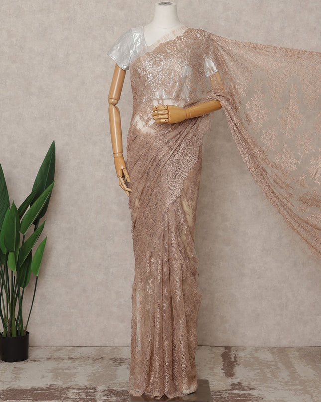 Nude Pink Premium French Metallic Chantilly Lace Saree Fabric – 5.5 Meters Length, Width 110 Cms, Made in France-D25610 Regal Fabrics