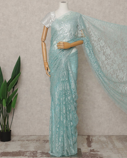 Sea Blue Premium French Metallic Chantilly Lace Saree Fabric – 5.5 Meters Length, Width 110 Cms, Made in France-D25608