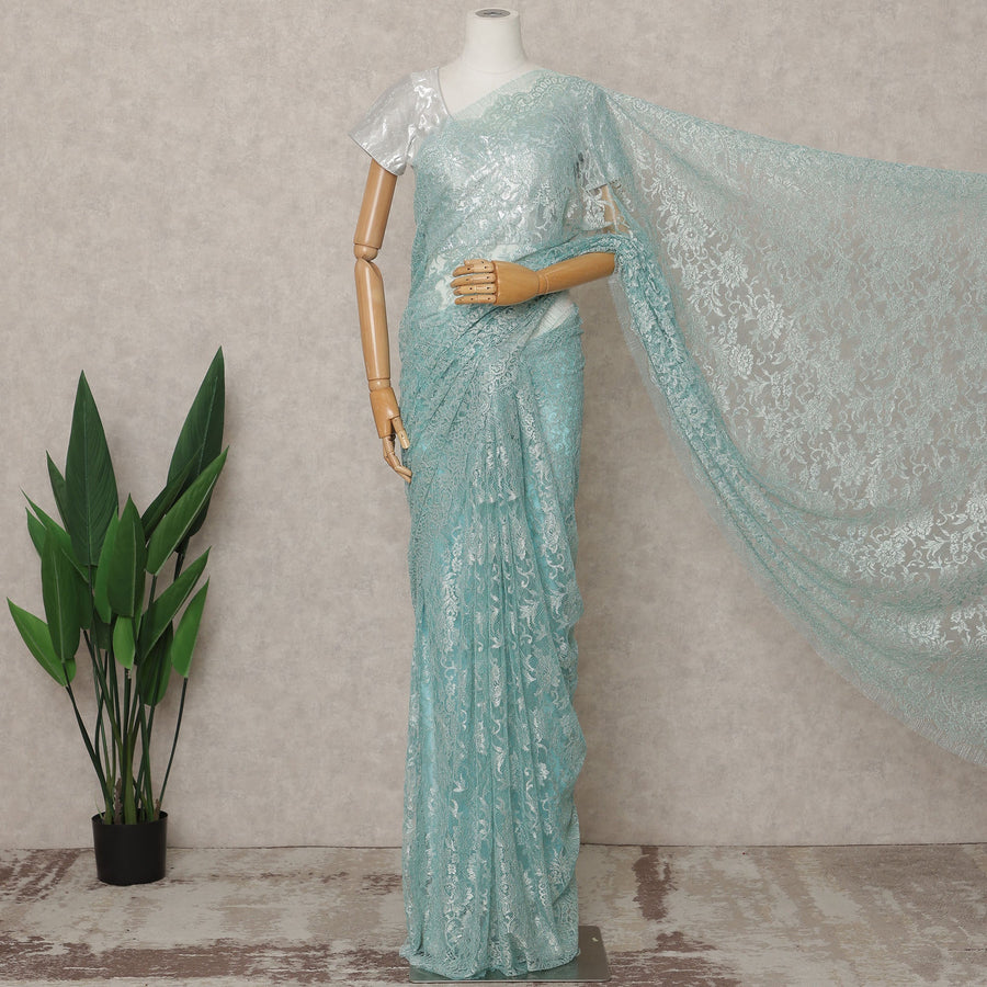 Sea Blue Premium French Metallic Chantilly Lace Saree Fabric – 5.5 Meters Length, Width 110 Cms, Made in France-D25608