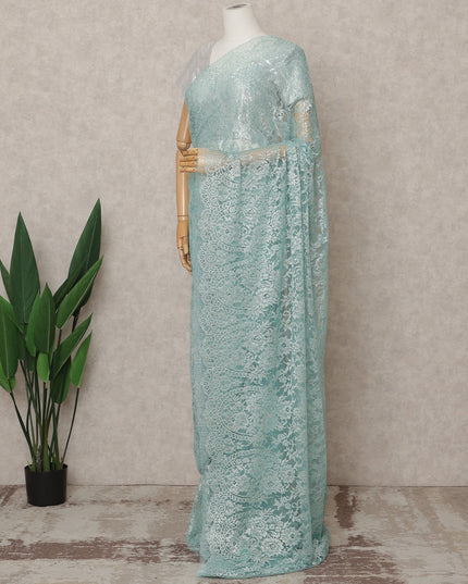Sea Blue Premium French Metallic Chantilly Lace Saree Fabric – 5.5 Meters Length, Width 110 Cms, Made in France-D25608