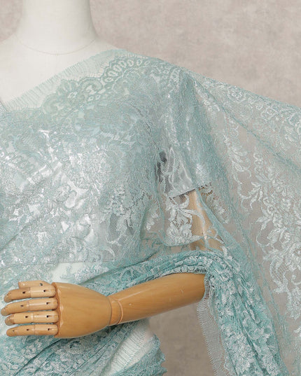Sea Blue Premium French Metallic Chantilly Lace Saree Fabric – 5.5 Meters Length, Width 110 Cms, Made in France-D25608