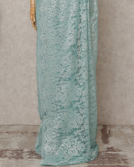 Sea Blue Premium French Metallic Chantilly Lace Saree Fabric – 5.5 Meters Length, Width 110 Cms, Made in France-D25608