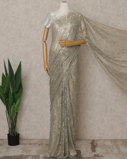 Green, Champagne Silver Premium French Metallic Chantilly Lace Saree – 5.5 Meters Fabric Length, Width 110 cm, Imported from France  & Blouse Not Included-D26568