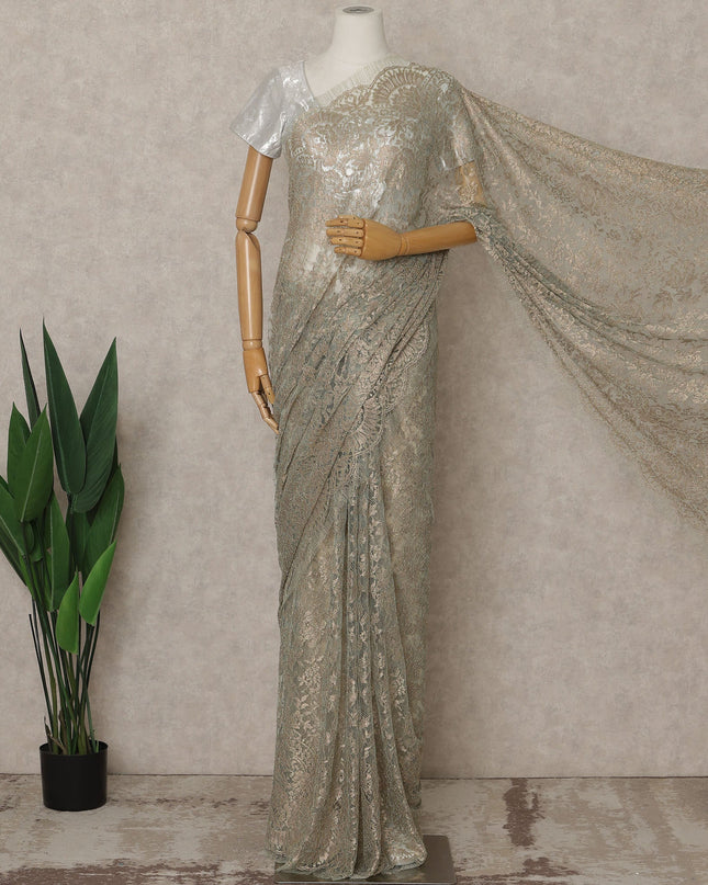 Green, Champagne Silver Premium French Metallic Chantilly Lace Saree – 5.5 Meters Fabric Length, Width 110 cm, Imported from France  & Blouse Not Included-D26568