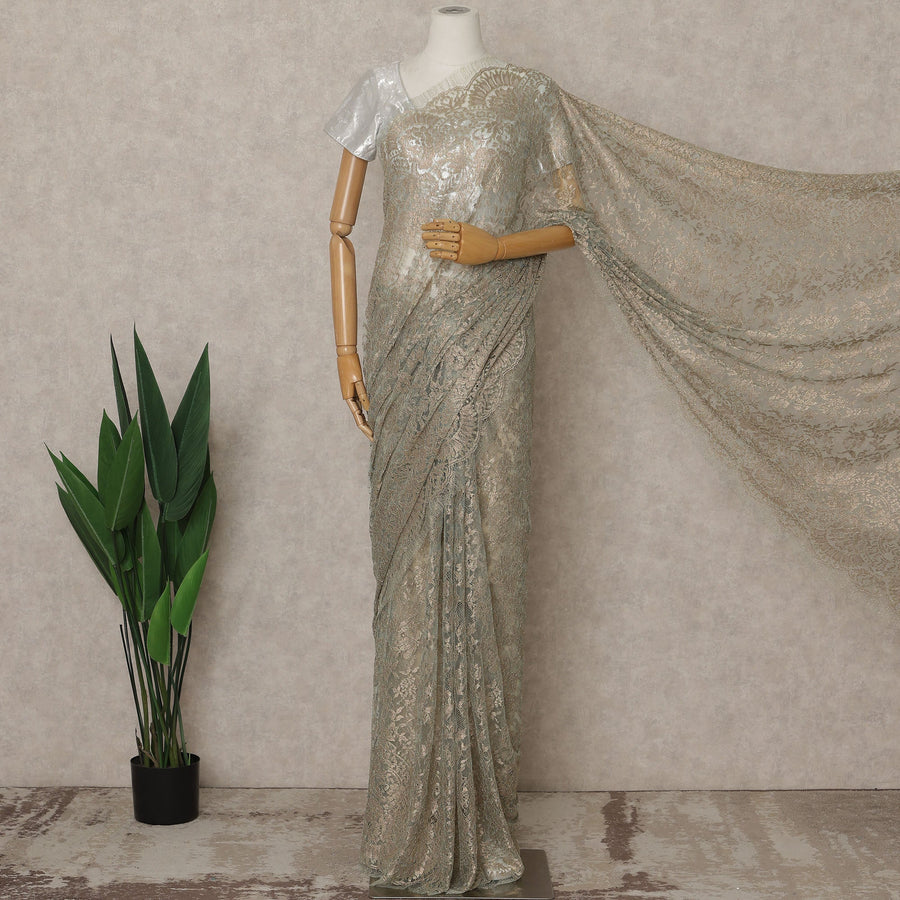 Green, Champagne Silver Premium French Metallic Chantilly Lace Saree – 5.5 Meters Fabric Length, Width 110 cm, Imported from France  & Blouse Not Included-D26568