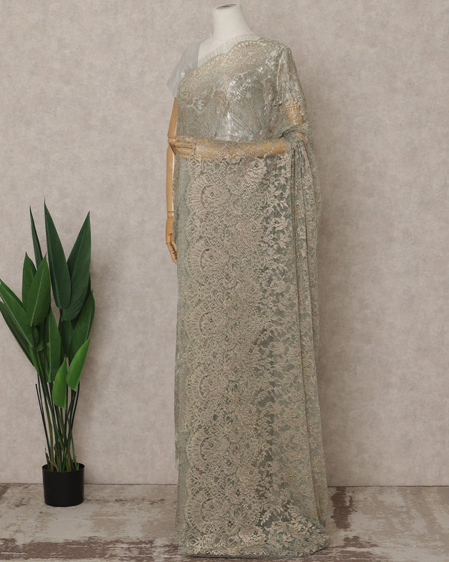 Green, Champagne Silver Premium French Metallic Chantilly Lace Saree – 5.5 Meters Fabric Length, Width 110 cm, Imported from France  & Blouse Not Included-D26568