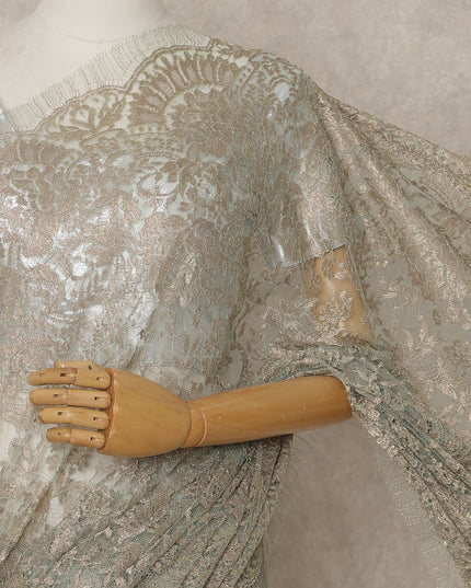 Green, Champagne Silver Premium French Metallic Chantilly Lace Saree – 5.5 Meters Fabric Length, Width 110 cm, Imported from France  & Blouse Not Included-D26568