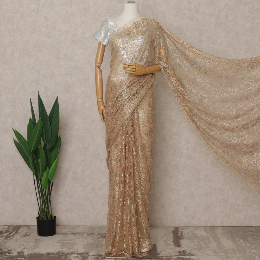 Copper Gold Premium French Metallic Chantilly Lace Saree – 5.5 Meters Fabric Length, Width 110 cm, Imported from France  & Blouse Not Included-D26578