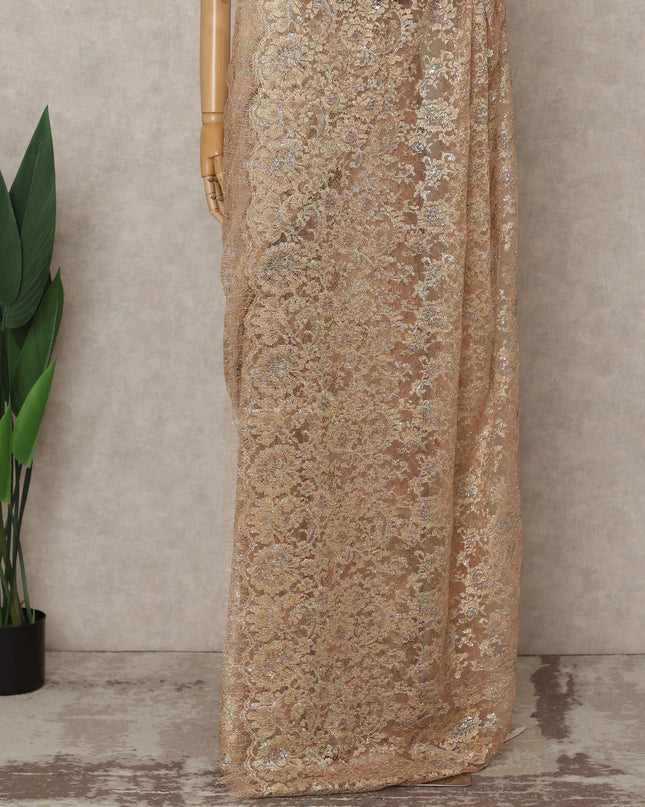 Copper Gold Premium French Metallic Chantilly Lace Saree – 5.5 Meters Fabric Length, Width 110 cm, Imported from France  & Blouse Not Included-D26578