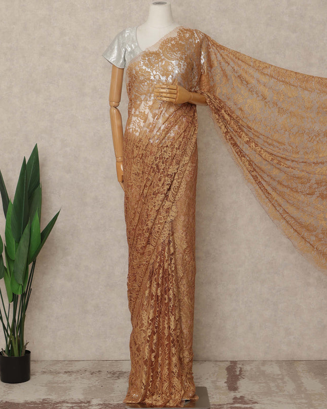 Golden Bronze Premium French 2 Tone Chantilly Saree Lace 5.5 Mtrs Length 110 Cms Width Designer Net Fabric Made In France, Blouse Not Included-D28111