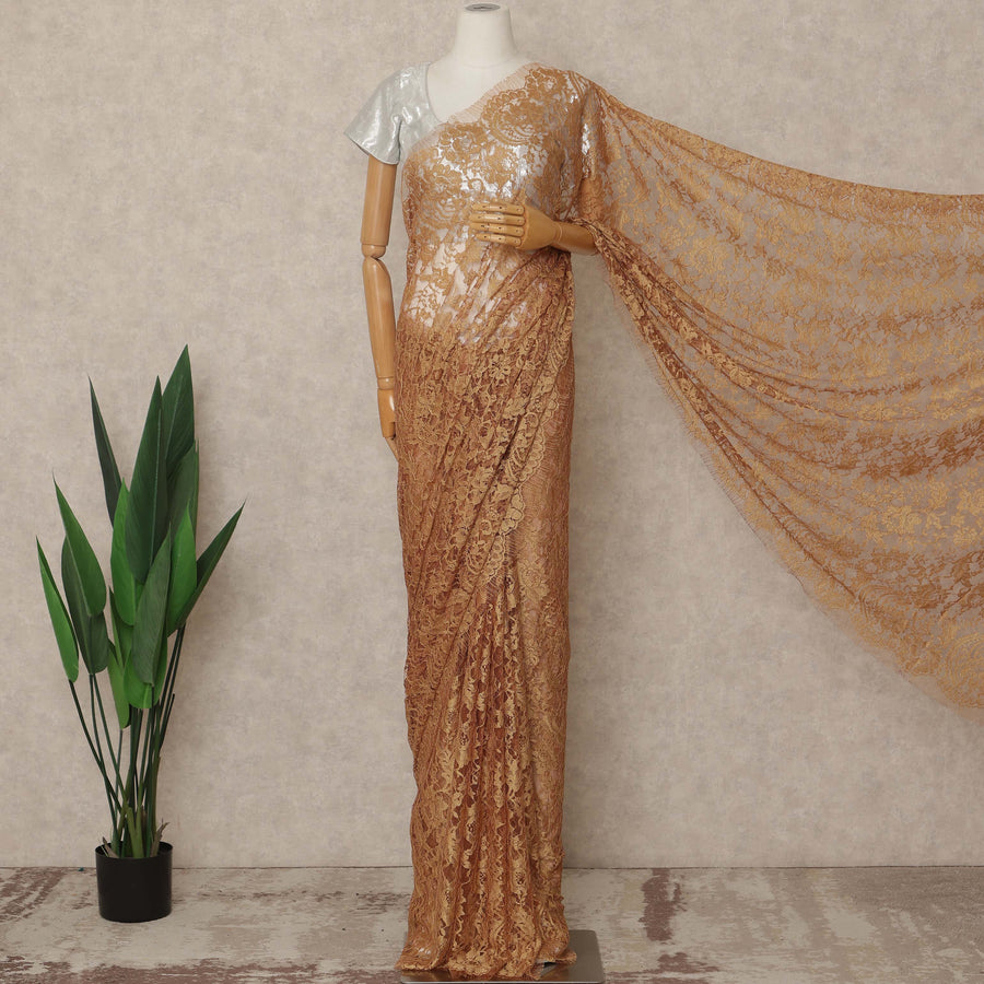 Golden Bronze Premium French 2 Tone Chantilly Saree Lace 5.5 Mtrs Length 110 Cms Width Designer Net Fabric Made In France, Blouse Not Included-D28111
