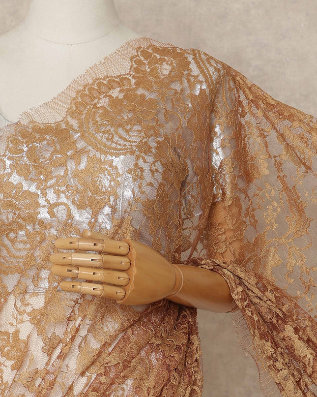 Golden Bronze Premium French 2 Tone Chantilly Saree Lace 5.5 Mtrs Length 110 Cms Width Designer Net Fabric Made In France, Blouse Not Included-D28111