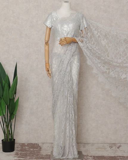 Pearl White French Chantilly Lace Saree 5.5m