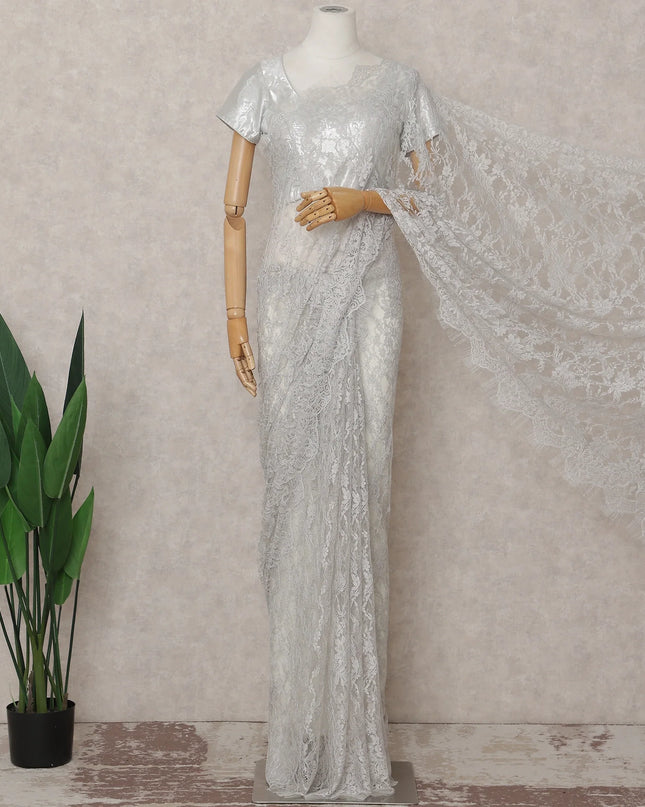 Pearl White French Chantilly Lace Saree 5.5m