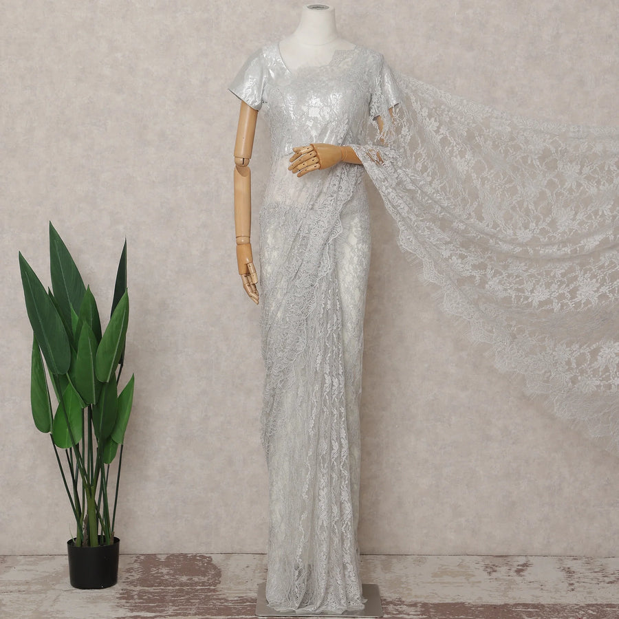 Pearl White French Chantilly Lace Saree 5.5m