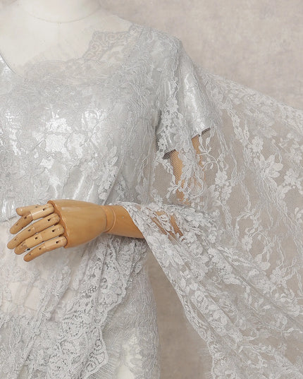 Pearl White French Chantilly Lace Saree 5.5m