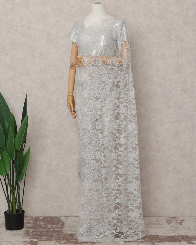 Pearl White French Chantilly Lace Saree 5.5m