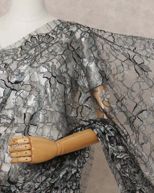 قماش ساري فرنسي فاخر متعدد الألوان من الدانتيل الشانتيلي باللون الفضي الأسود - طول 5.5 متر، عرض 110 سم، صنع في فرنسا - D25613