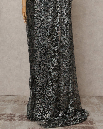 قماش ساري فرنسي فاخر متعدد الألوان من الدانتيل الشانتيلي باللون الفضي الأسود - طول 5.5 متر، عرض 110 سم، صنع في فرنسا - D25613