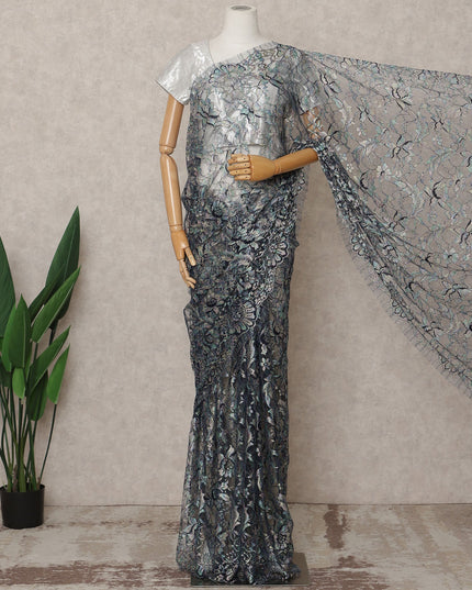 Multitone Silver & Blue Premium French Chantilly Lace Saree Fabric – 5.5 Meters Length, Width 110 Cms, Made in France-D25612