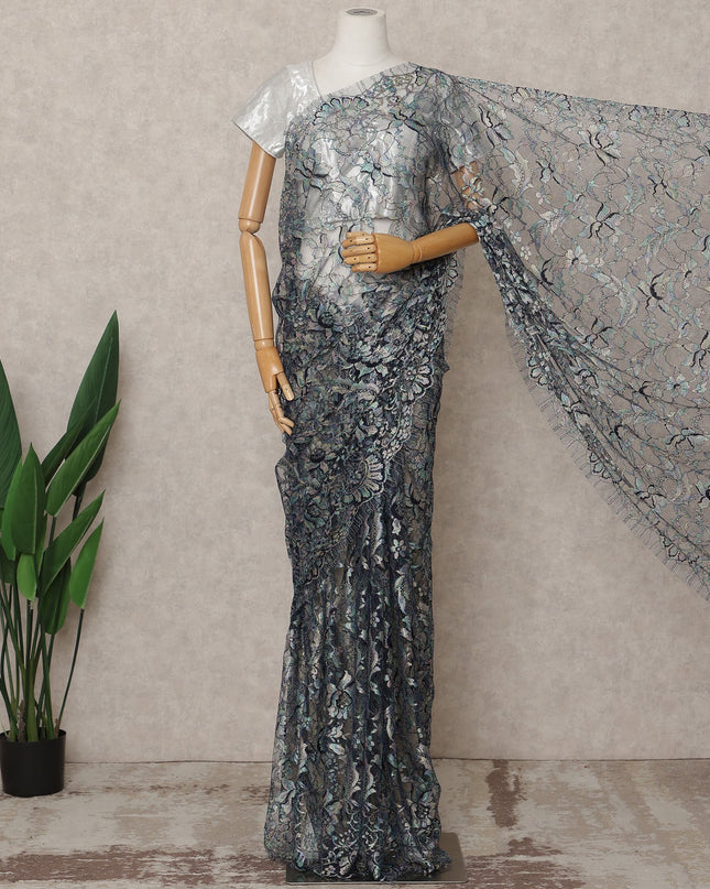 قماش ساري فرنسي فاخر متعدد الألوان من الدانتيل الشانتيلي - طول 5.5 متر، عرض 110 سم، صنع في فرنسا - D25612