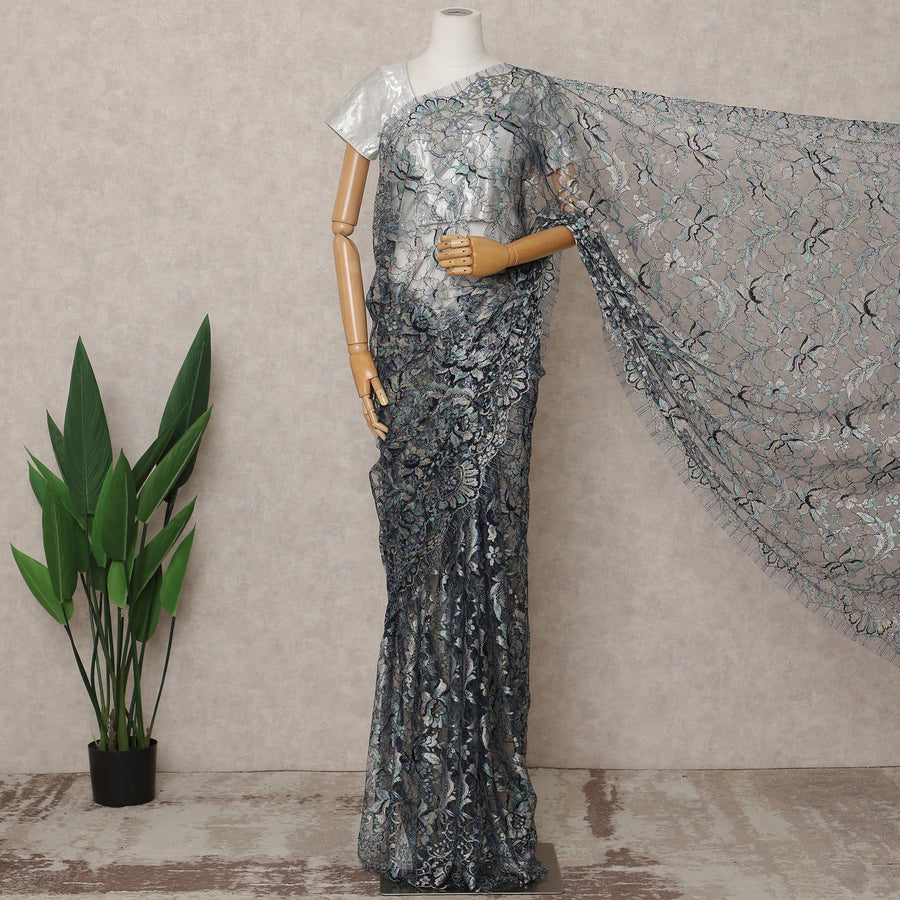 Multitone Silver & Blue Premium French Chantilly Lace Saree Fabric – 5.5 Meters Length, Width 110 Cms, Made in France-D25612