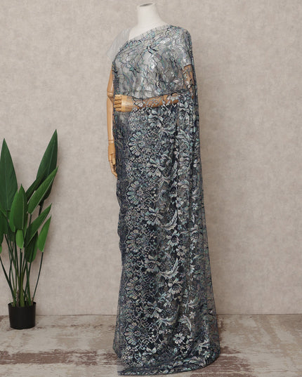 Multitone Silver & Blue Premium French Chantilly Lace Saree Fabric – 5.5 Meters Length, Width 110 Cms, Made in France-D25612