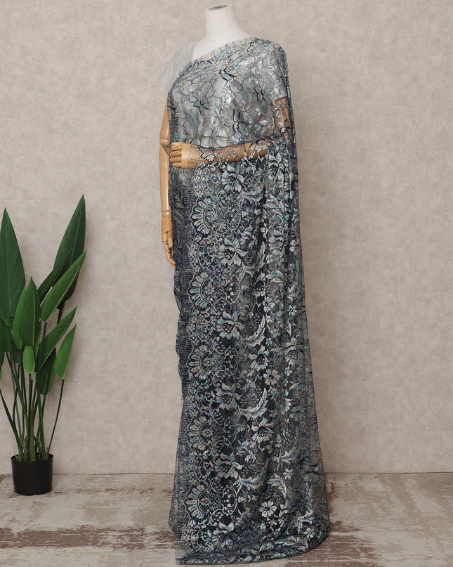 قماش ساري فرنسي فاخر متعدد الألوان من الدانتيل الشانتيلي - طول 5.5 متر، عرض 110 سم، صنع في فرنسا - D25612