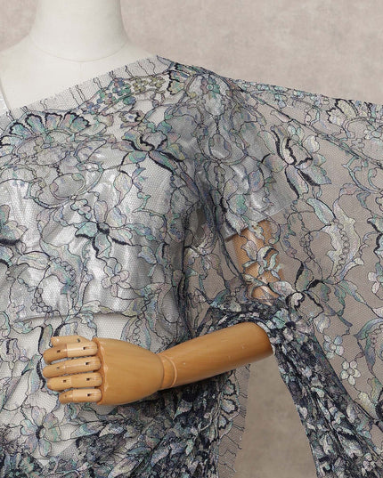 Multitone Silver & Blue Premium French Chantilly Lace Saree Fabric – 5.5 Meters Length, Width 110 Cms, Made in France-D25612