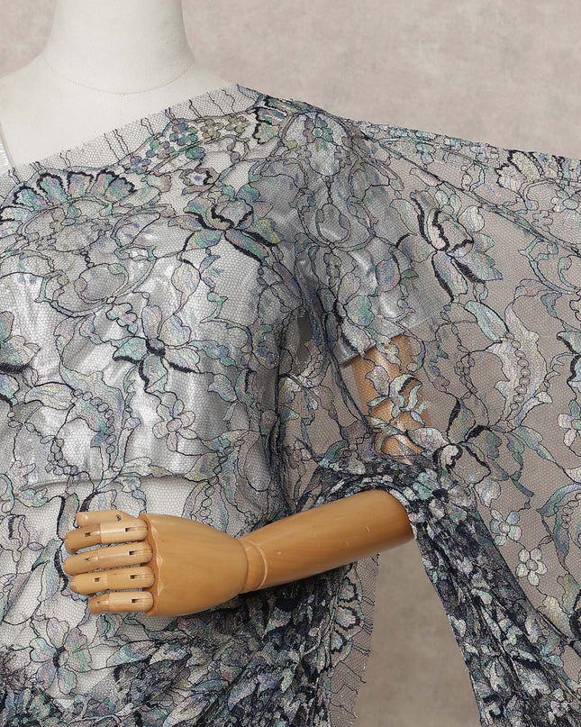 قماش ساري فرنسي فاخر متعدد الألوان من الدانتيل الشانتيلي - طول 5.5 متر، عرض 110 سم، صنع في فرنسا - D25612