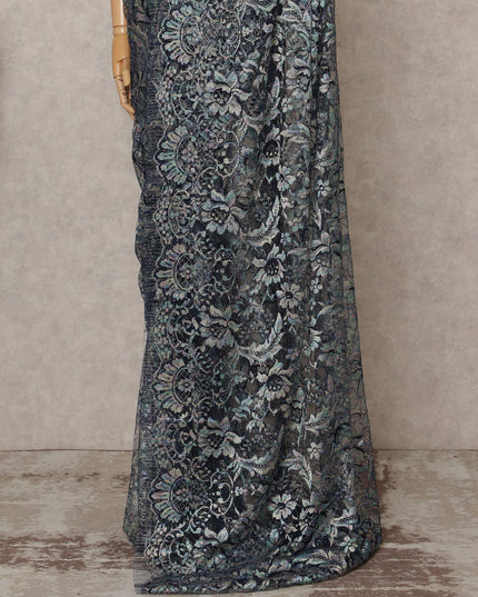 Multitone Silver & Blue Premium French Chantilly Lace Saree Fabric – 5.5 Meters Length, Width 110 Cms, Made in France-D25612