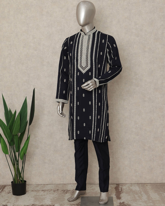 Blue Cotton Silk Men's Kurta Pajama - D29302