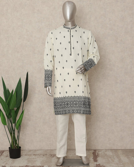 Off White Embroidered Cotton Kurta Pyjama Set