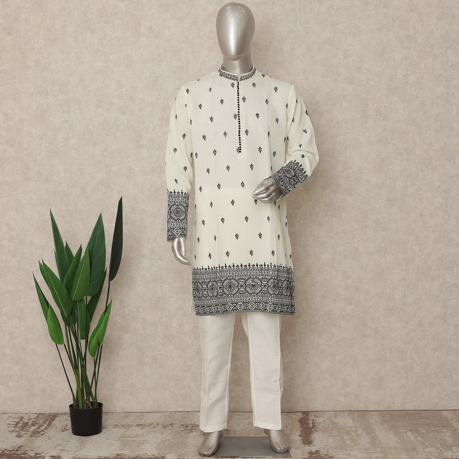 Off White Embroidered Cotton Kurta Pyjama Set