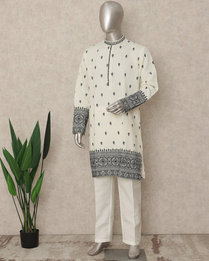 Off White Embroidered Cotton Kurta Pyjama Set
