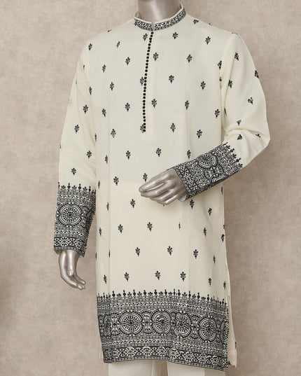 Off White Embroidered Cotton Kurta Pyjama Set