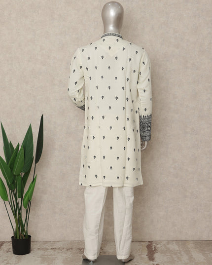Off White Embroidered Cotton Kurta Pyjama Set