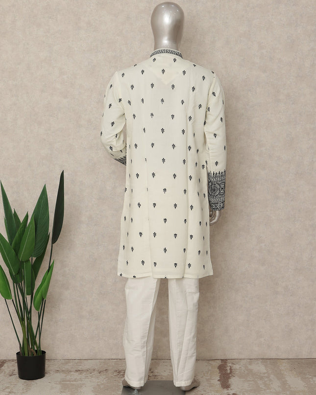 Off White Embroidered Cotton Kurta Pyjama Set