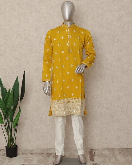 Mustard Yellow Raw Silk Kurta Pyjama Set Men