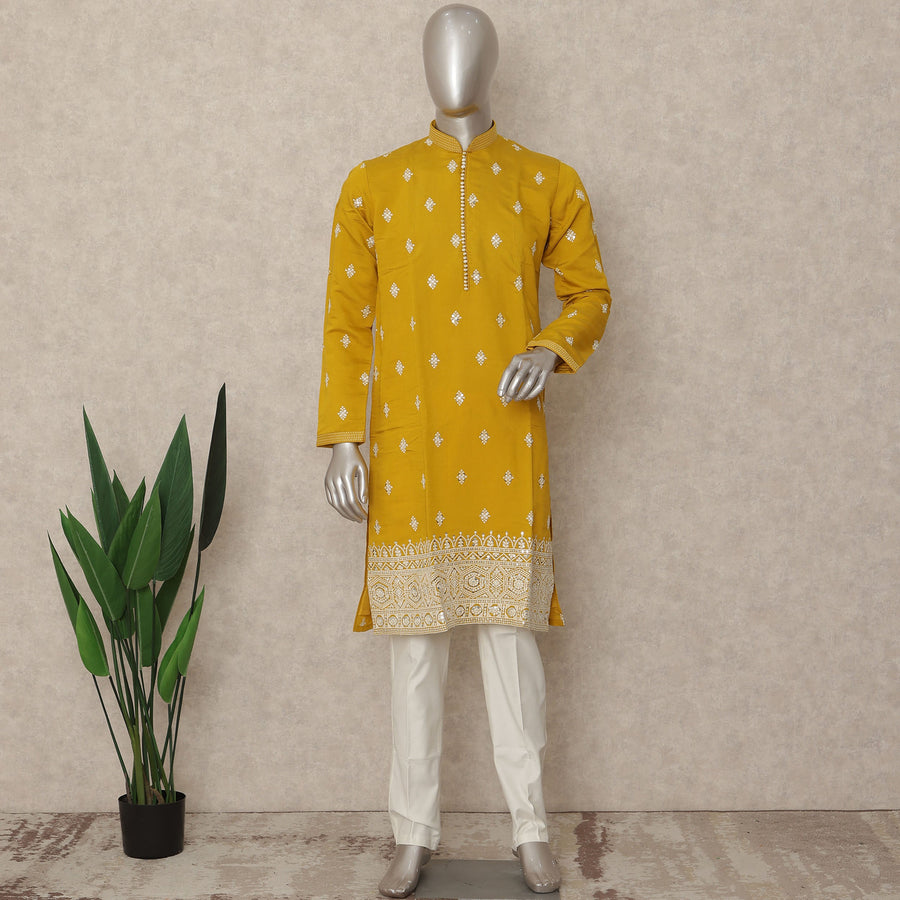 Mustard Yellow Raw Silk Kurta Pyjama Set Men