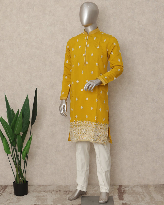Mustard Yellow Raw Silk Kurta Pyjama Set Men