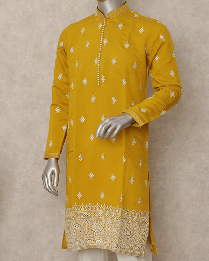 Mustard Yellow Raw Silk Kurta Pyjama Set Men