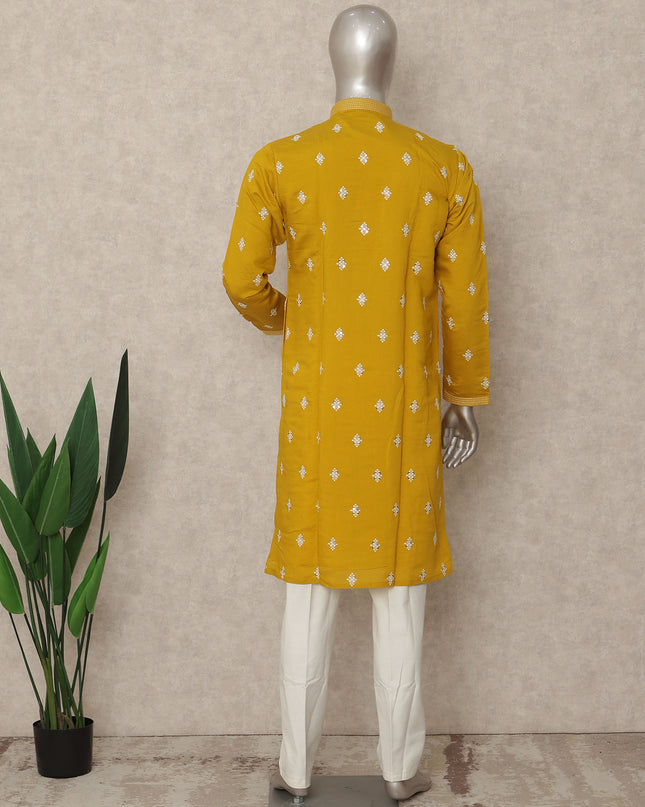 Mustard Yellow Raw Silk Kurta Pyjama Set Men