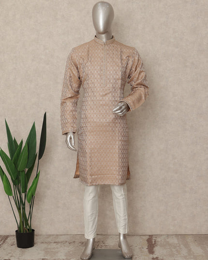 Tan Beige Raw Silk Chikankari Kurta Set Men