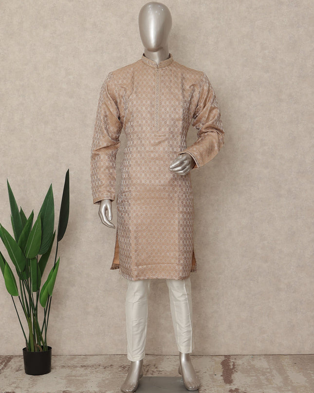 Tan Beige Raw Silk Chikankari Kurta Set Men