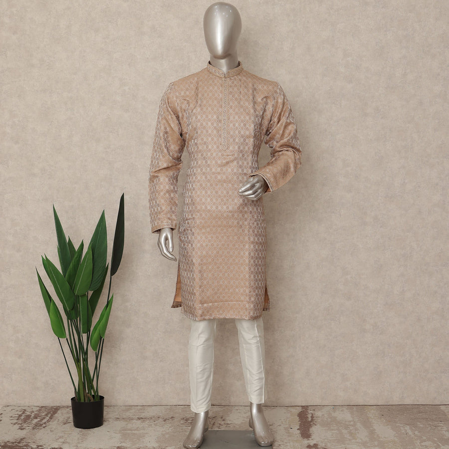 Tan Beige Raw Silk Chikankari Kurta Set Men