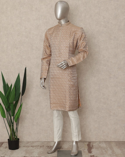 Tan Beige Raw Silk Chikankari Kurta Set Men