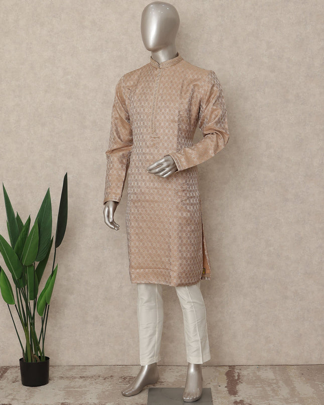 Tan Beige Raw Silk Chikankari Kurta Set Men