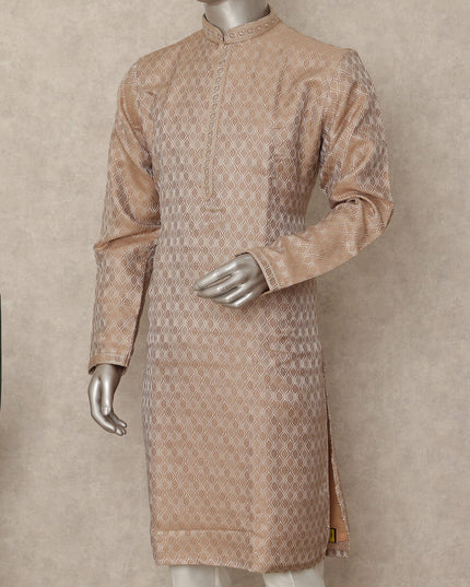 Tan Beige Raw Silk Chikankari Kurta Set Men