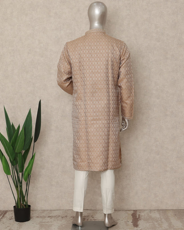 Tan Beige Raw Silk Chikankari Kurta Set Men